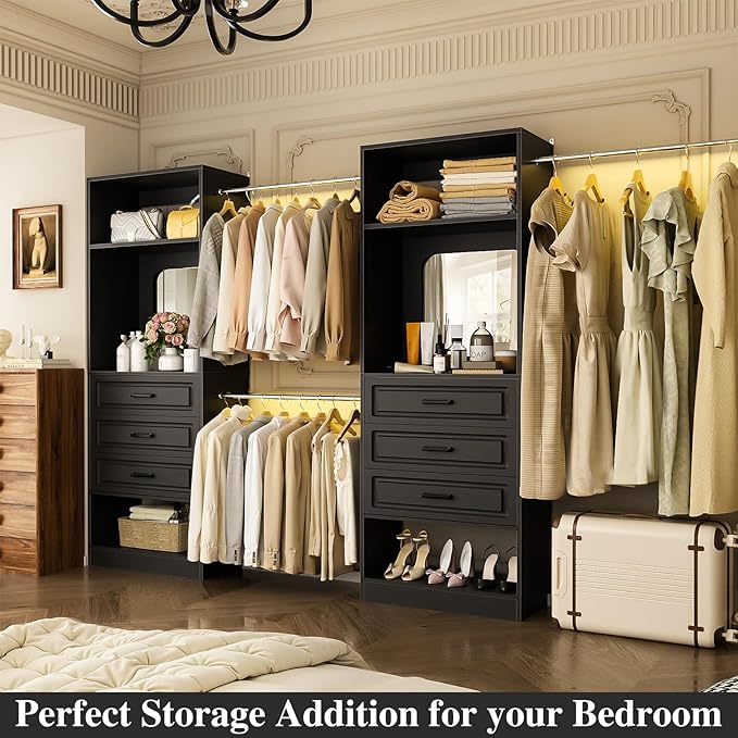 Unikito Closet System with 6 Drawers, 6-14Ft Closet Organizer with Mirror, Walk-in Closet Organizer Wardrobe Clothes Rack with 3 Hanging Rods, Sturdy Wood Clothing Garment Rack with Tower, Black