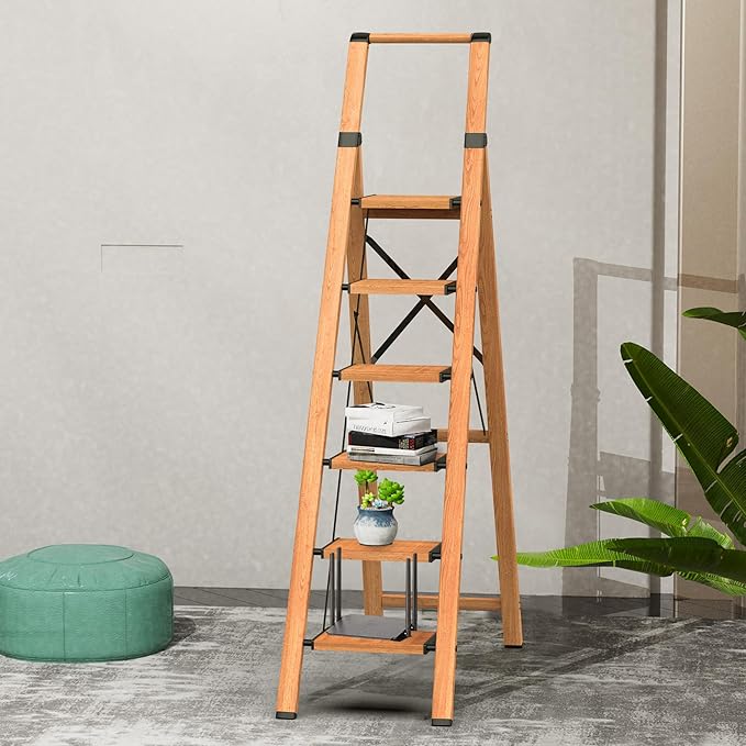 GameGem 6 Step Ladder for 12ft High Ceiling, Lightweight Aluminum Folding Step Stool with Convenient Handgrip, Stepladders with Anti-Slip and Wide Pedal for Home and Kitchen Use - Woodgrain (300 lbs)