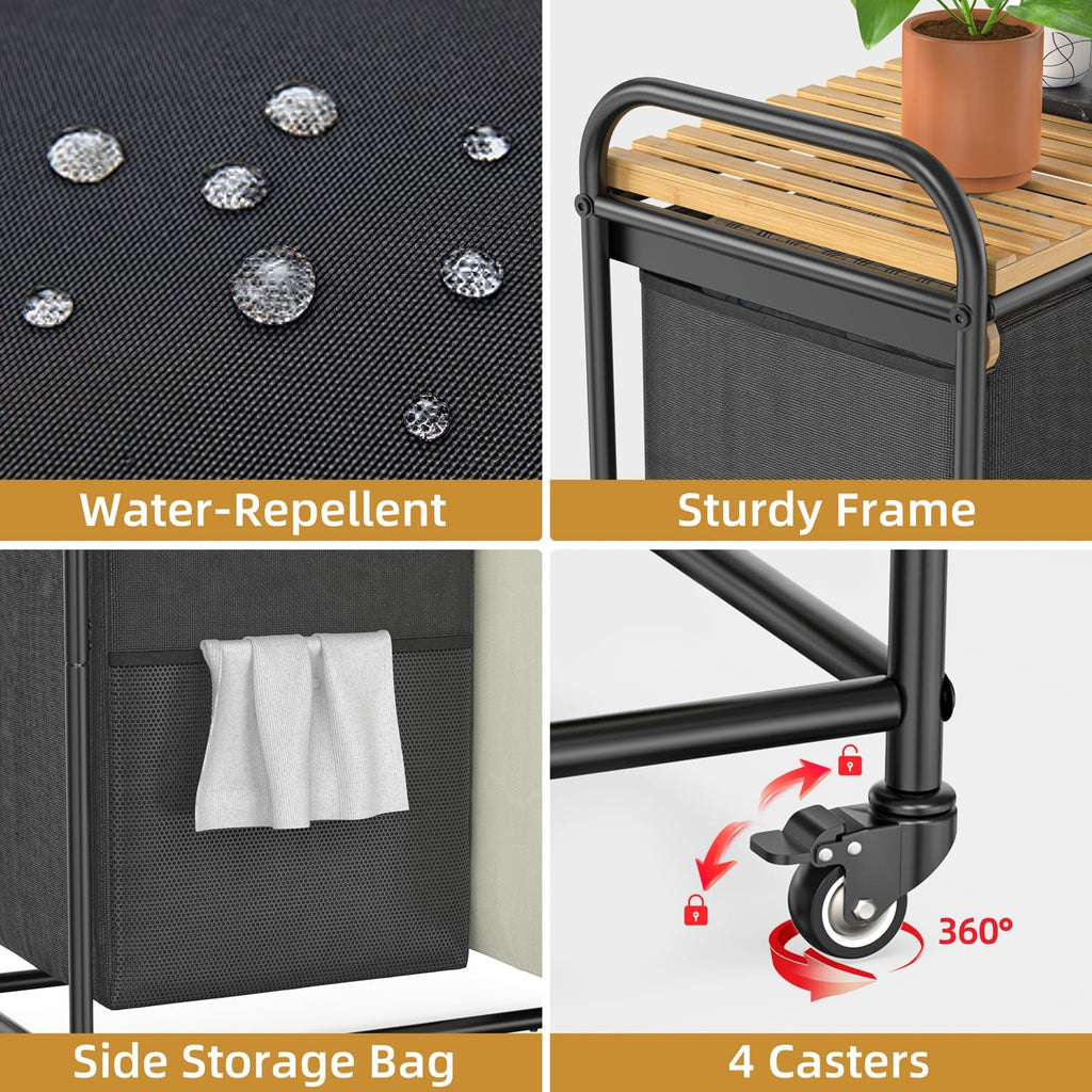 Laundry Hampers 2 Section, Laundry Sorter with Removable Shelf and Pull-Out Bags, Clothes Hampers with Wheels Rolling Cart Basket for Laundry Room Bathroom, 2 x 50 L (Black White)