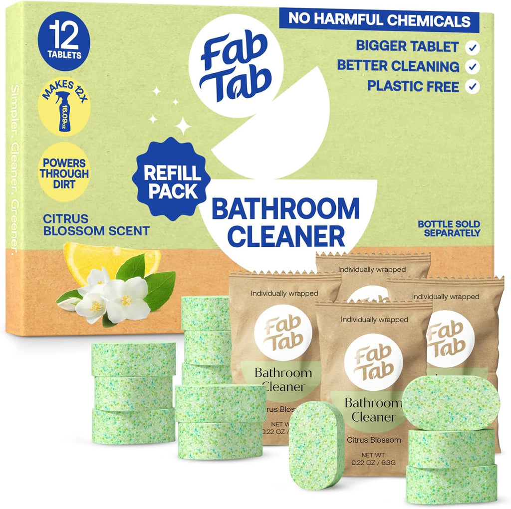 Fab Tab Bathroom Cleaner, Eco-Conscious Cleaning Tablets for Sparkling Bathrooms, Powerful Grime Remover, Citrus Scent, No Harmful Chemicals, Economical Refills - 12 Tablets (bottle not included)