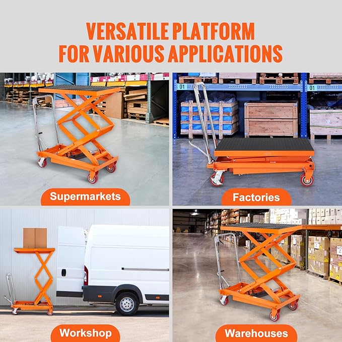 VEVOR Hydraulic Lift Table Cart, 770lbs Capacity 59" Lifting Height, Manual Double Scissor Lift Table with 4 Wheels and Non-Slip Pad, Hydraulic Scissor Cart for Material Handling and Transportation