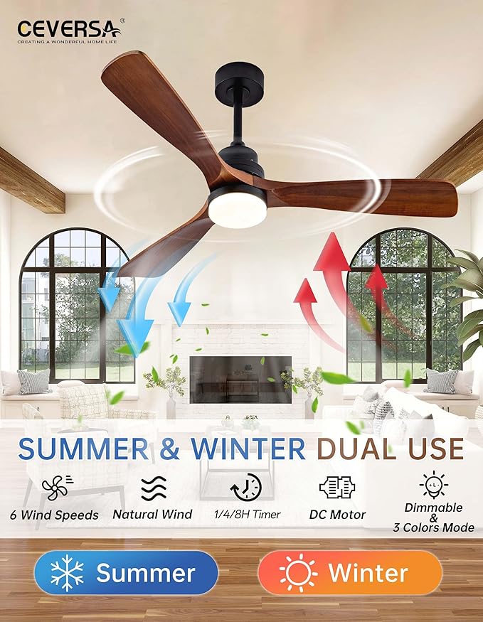 52 Inch Ceiling fans with Lights and Remote,Wood Outdoor Ceiling Fan for Patios with Dimmable LED Light,3 Blades Walnut,Noiseless Reversible DC Motor,Modern Fan for Indoor,Farmhouse