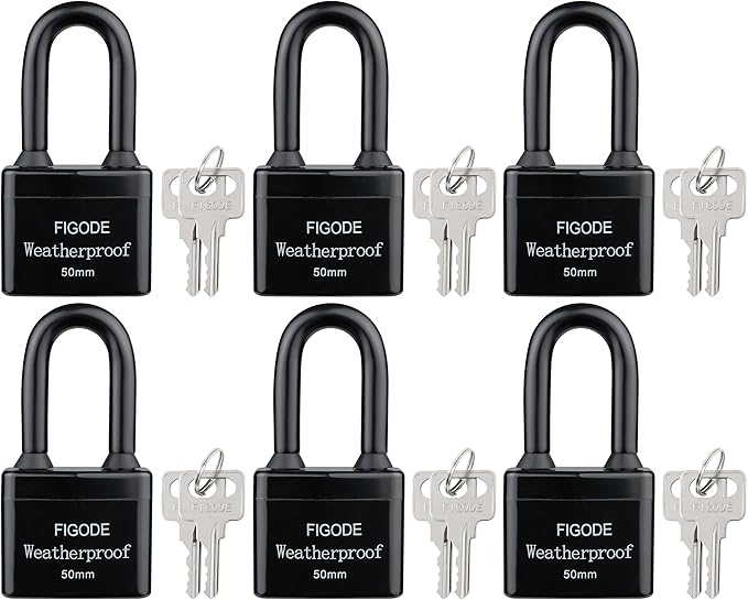 FIGODE® Outdoor Waterproof Padlocks, Covered Heavy Duty Laminated Steel Locks, Large Sturdy Locks, 2.2 in. Wide, 6 Locks Same Key, Long Padlocks
