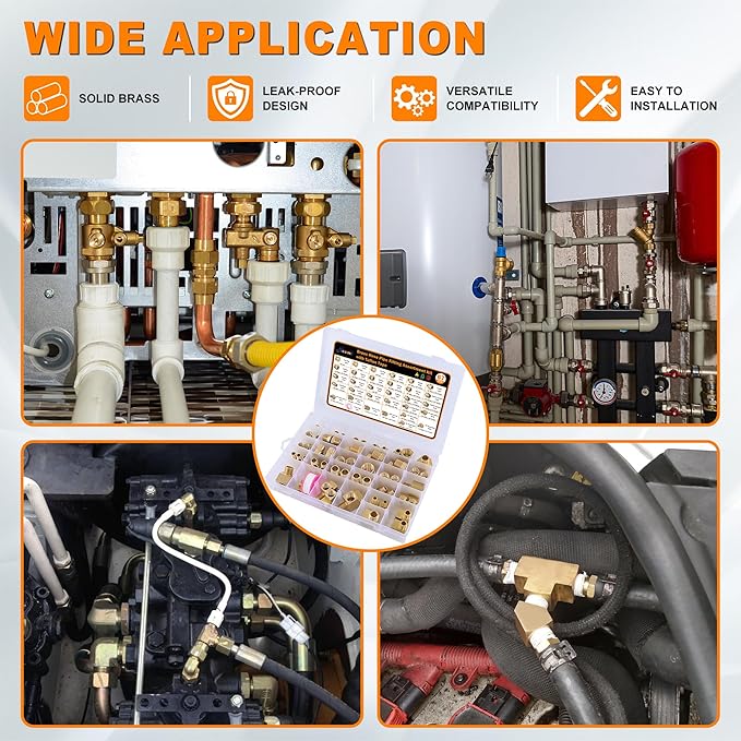 68PCS Brass Pipe Fitting & Adapters Assortment Kit, NPT Adapter, Hex Nipple,Hex Coupling, Hex Head Plug, Busing,Reducer Coupling, 45 Degree & 90 Degree Street Elbow, Male Run Tee