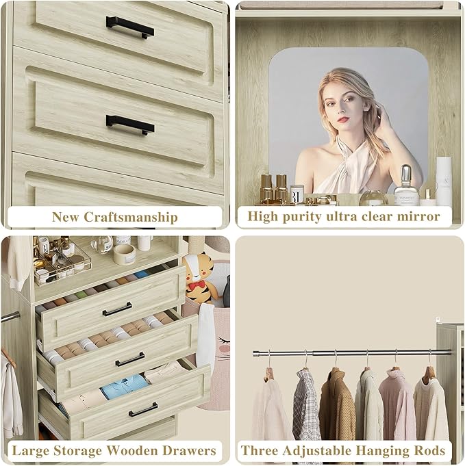 Unikito 48" W - 96” W Closet System with Mirror, 8FT Walk in Closet Organizer Kits with Drawers and 3 Extendable Hanging Rod, Sturdy Wood Garment Rack with 25” Tower, Max Load 1000 LBS, White Oak