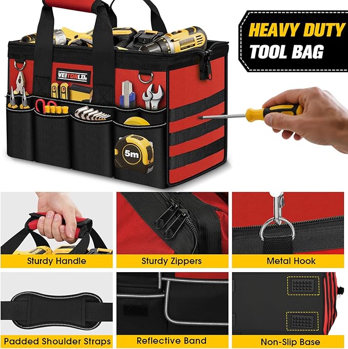 16-Inch Heavy Duty Tool Bag, 19-Pockets Tool Box Organizer, Portable Toolbag W/Soft Handle for Organized Storage, Mechanic Gifts for Men Dad Husband Him Christmas, Wide Mouth Toolbox Organization, Red
