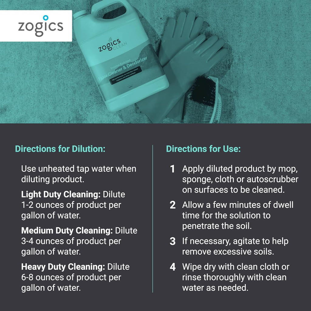 Zogics Enzyme Enriched Floor Cleaner & Deodorizer Concentrate, 128 oz - Makes up to 128 Gallons