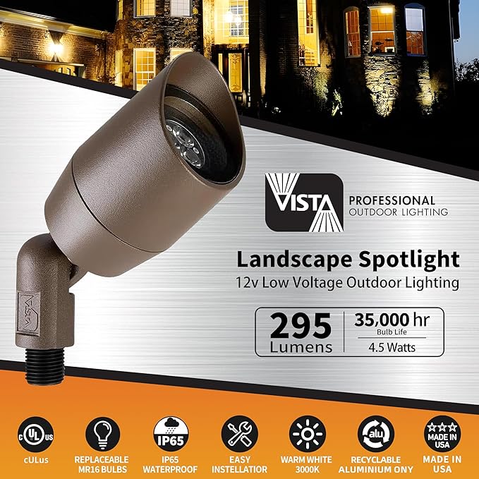 VISTA 4 Pack Cast Aluminum Landscape Spotlights, Low Voltage Landscape Lighting, 100FT 14/2 Landscape Wire, Spot Lights Outdoor with 4.5W MR16 LED Bulb for Yard, Garden, Lawn, Tree (Bronze)