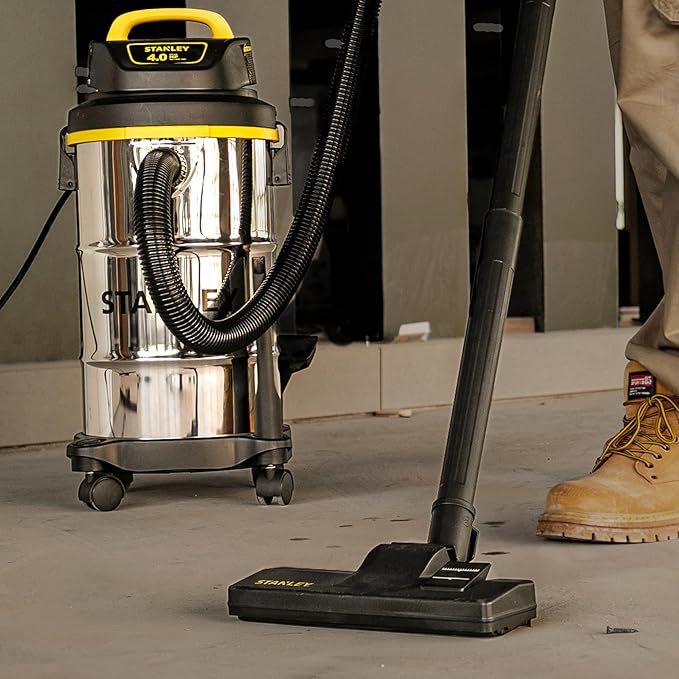 STANLEY Shop Vacuum Wet/Dry, 5 Gallon, 4 Horsepower, Stainless Steel Wet/Dry Vac Silver+Yellow+Black