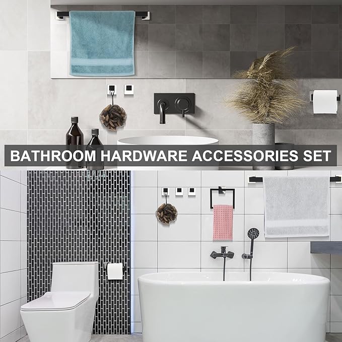 Gisafai 15 Pcs Bathroom Hardware Accessories Set 23.6 Inch Bath Towel Bar Kit Stainless Steel Bathroom Hardware Set Towel Racks Ring Hooks Paper Holder for Wall Mounted (Black Silver)