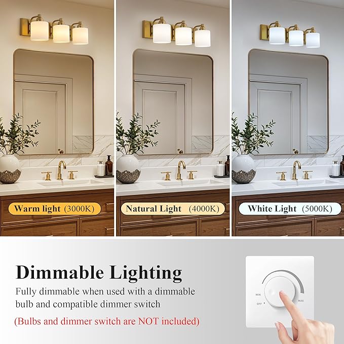 Stainless Steel Milk Glass Vanity Lights for Bathroom, 3 Light Gold Bathroom Light Fixtures Over Mirror, Ceramic E26 Sockets Wall Mounted