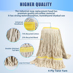 2 Pack 20oz Loop-End String Wet Mop Refills,Heavy Duty Cotton Commerical Industrial Grade Mop Replacements Heads for Home,Workshop,Garage Floors Cleaning,with 63'' Stainless Steel Mop Handle