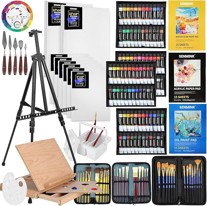 149Pcs Deluxe Artist Painting Set with Aluminum and Beech Wood Easel, 48 Colors Acrylic & Oil Paints, 24 Colors Watercolor Paints, Art Paint Supplies for Artists, Beginner & Adults