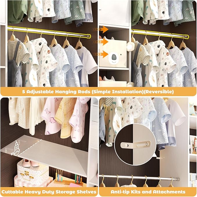 Closet System - 4.75-8FT Closet Organizer System with Wooden Drawers & Cube Storage Organizer, Up To 96" Closet Systems for Nursery & Walk-In Closets with Cuttable Hanging Shelving, White