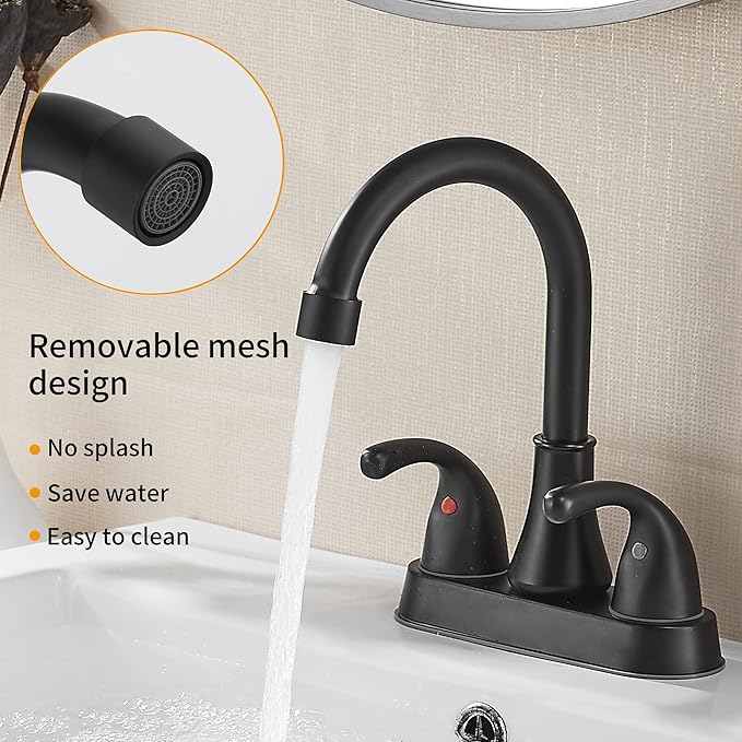 Bathroom Sink Faucet FRANSITON 4 Inch Faucet 2 Handle Bathroom Sink Faucets Lead-Free Matte Black Bath Sinks Faucets with Pop-up Drain Stopper and Supply Hoses