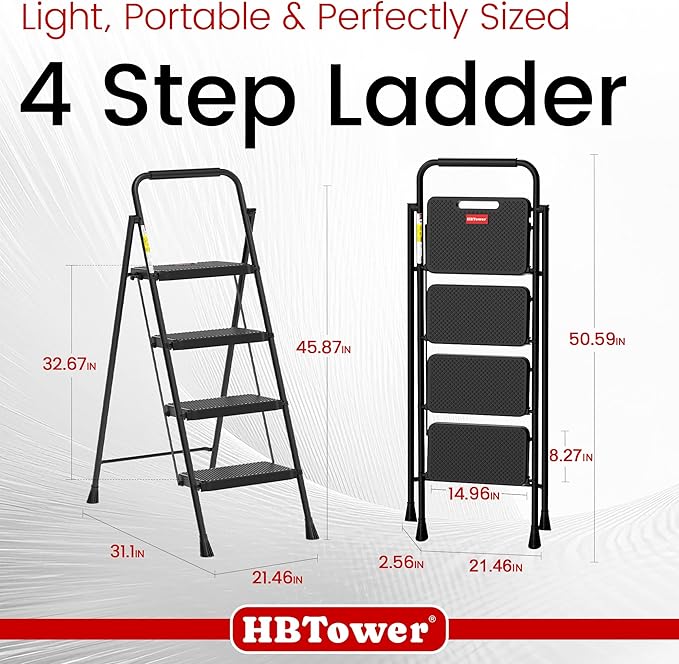 HBTower Step Ladder, Step Stool Foldable for Adults with Wide Anti-Slip Pedal, Lightweight 4 Step Ladders for Home