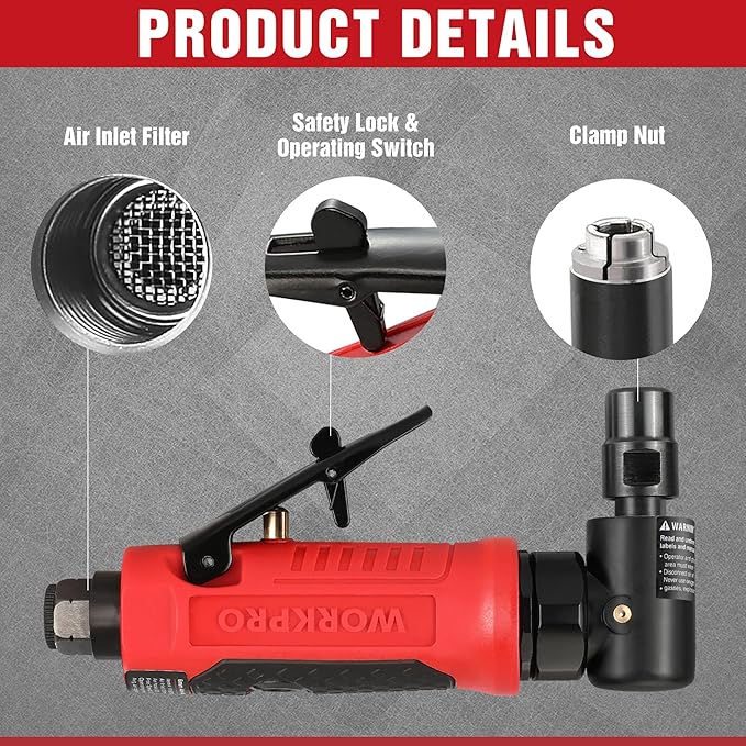 WORKPRO Air Angle Die Grinder, 1/4-Inch Pneumatic Right Angle Die Grinder, 20000RPM, Air-Powered 90 Degree for Grinding, Cutting, Polishing, Welding Repair, Deburring, 1/4" & 1/8" Collets Included