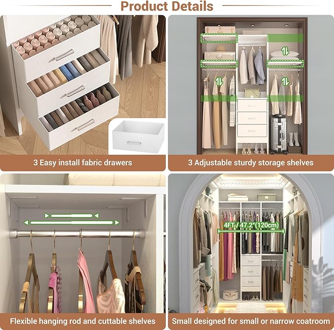 4FT Small Closet System with 3 Fabric Drawers, 48'' Closet Organizer System With 3 Adjustable Shelves, Flexible Built-In Clothes Garment Rack for Small Space, 48" L x 13" W x 71" H, White