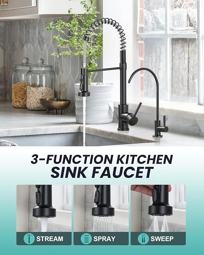 Kitchen Faucet and Water Filter Faucet: ARCORA Stainless Steel Kitchen Sink Faucet with Drinking Water Faucet - Black Single Handle Tap with Pull Down Sprayer for Kitchen Sink Farmhouse Bar