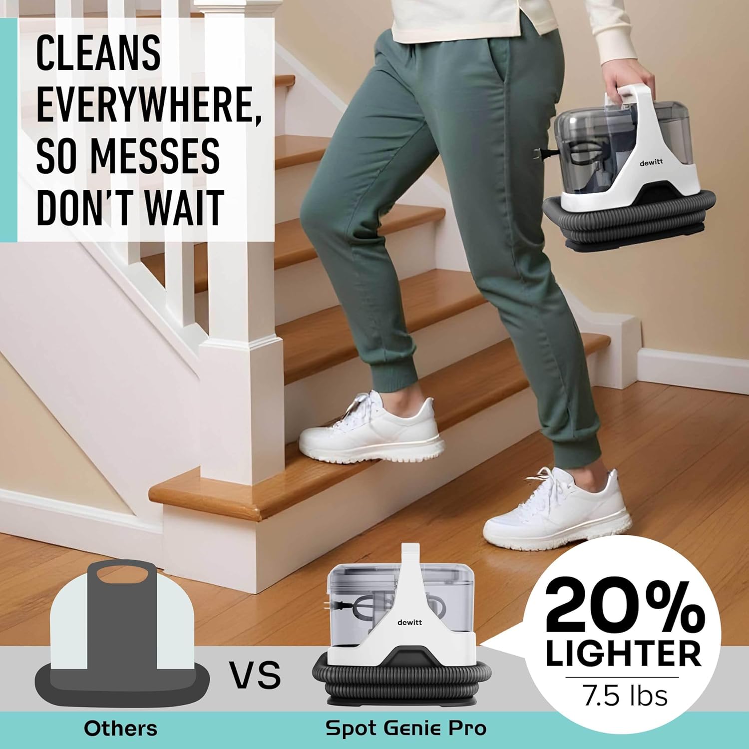 DeWitt Spot Genie Pro Portable Carpet Cleaner Machine, Upholstery Cleaner – Lightweight 7.7lb Pet Stain & Odor Remover with 4 Cleaning Tools, Compact Design for Home, Car, and Furniture