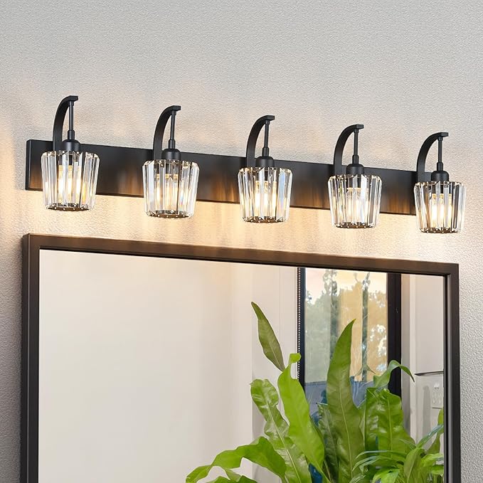 Modern Bathroom Vanity Light, 5-Light Black Wall Sconce with Crystal Accents, Over Mirror Bathroom Lighting Fixture, 42.51" Long Dimmable Vanity Lamp for Makeup, Easy Installation