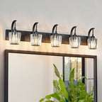 Modern Bathroom Vanity Light, 5-Light Black Wall Sconce with Crystal Accents, Over Mirror Bathroom Lighting Fixture, 42.51" Long Dimmable Vanity Lamp for Makeup, Easy Installation