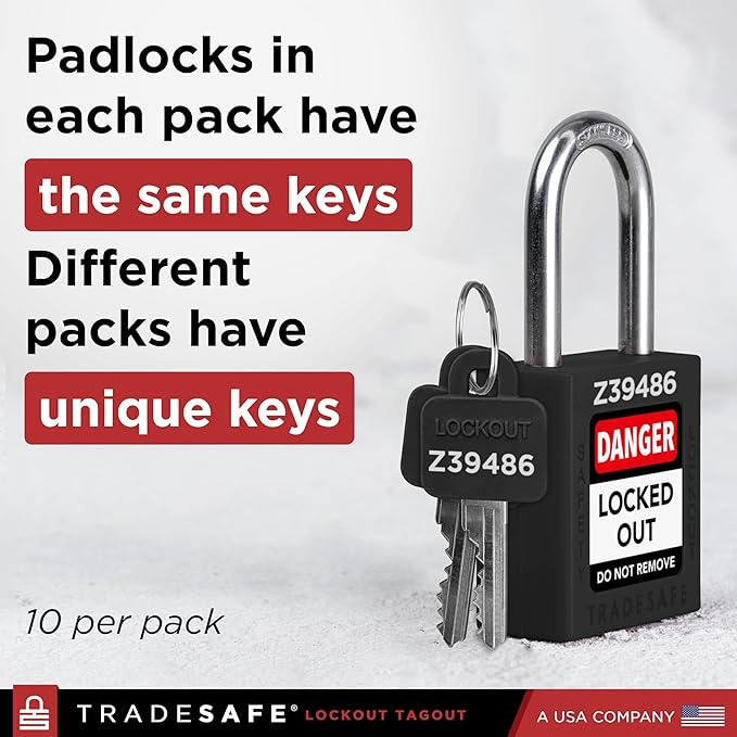TRADESAFE Lockout Tagout Lock Sets, 10 Black Keyed Alike Safety Padlocks, 2 Keys Per Lock, OSHA Compliant Loto Locks, for Lockout Tag Out Stations - Premium Grade