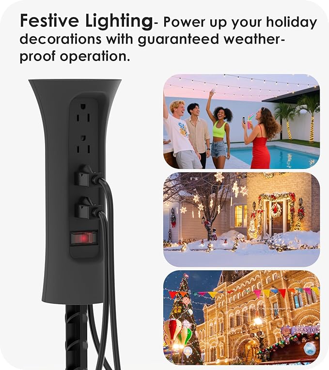 CCCEI Outdoor Power Strip Weatherproof with Stake, Waterproof Extension Cord with Multiple Outlets, Christmas Exterior Garden Decor, Yard, Camping, 4 Plugs, Surge Protector 10FT, Black.