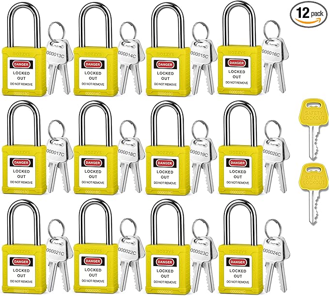 Lockout Tagout Locks with 2 Master Keys｜12-Pack Yellow OSHA Loto Lock｜Keyed Different & Laser Coding｜Lock Out Padlock Kits for Machinery & Electrical Panels