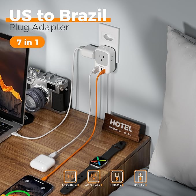TESSAN Brazil Power Adapter, 7 in 1 US to Brazil Adapter Plug with 3 USB Ports (2 USB C) 4 American Outlets, Type N Travel Adaptor for USA to Brazilian Brasil