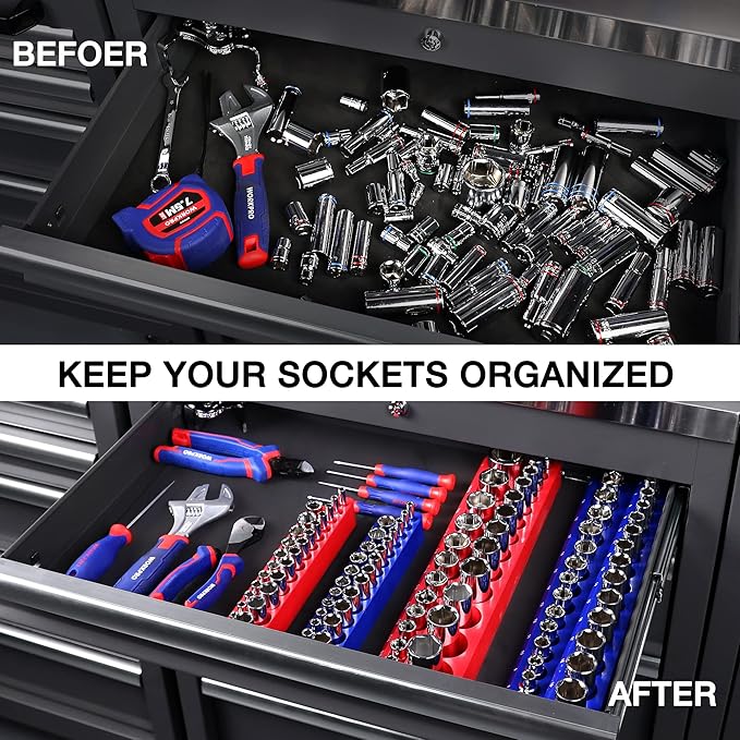 WORKPRO Magnetic Socket Organizer Set, 4-Piece Socket Holder Set Includes 1/4", 3/8" Drive Metric & SAE Socket Trays, Holds 108 Pieces Standard and Deep Size Sockets (Sockets not Included)