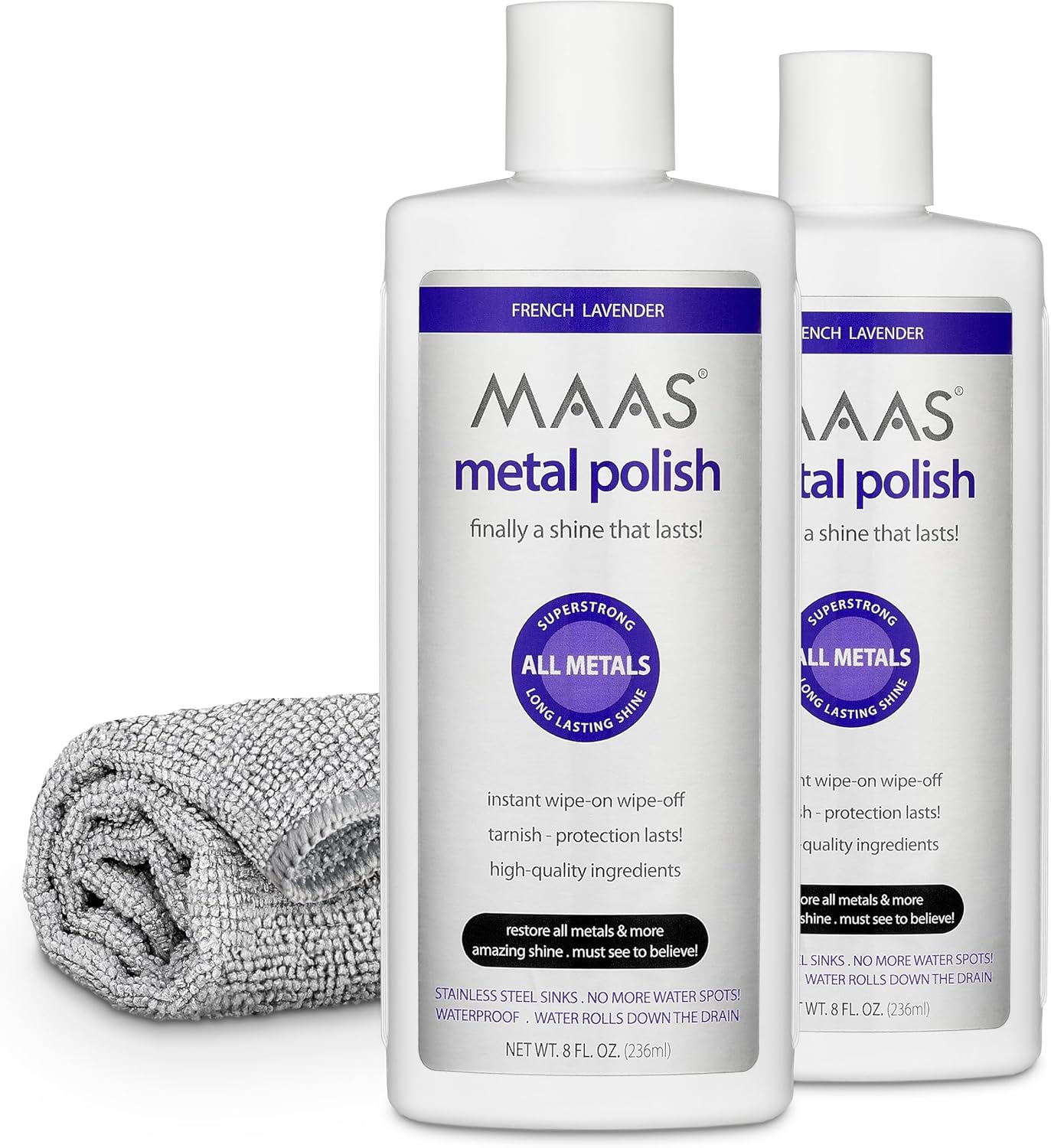 MAAS Metal Polish 8-Ounce Bottle (2 Pack) Free Cloth, Universal Metal Cleaner for All Metals, Clean, Polish, and Protect Silver, Brass, Copper, and More, Tarnish Remover and Silver Cleaner for Jewelry