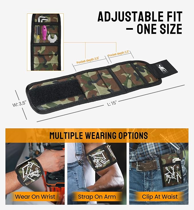 HiRui Magnetic Wristband for Tools – Ultra-Strong 15 Neodymium Magnets Hold Screws, Nails & Bits, Dual Pockets – Hands‑Free for DIY, Home Repairs, Auto – Gift‑Ready for Dad, Husband, Grandpa (CAMO)