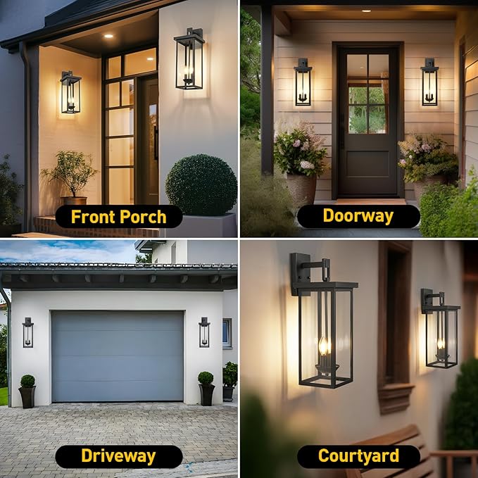 tewei 2 Pack Large Size Outdoor Wall Lantern Exterior Wall Light Fixture, 22 Inch Matte Black Porch Light Waterproof Outdoor Lights for House with Clear Glass Shade, E12 Exterior Sconces for Garage