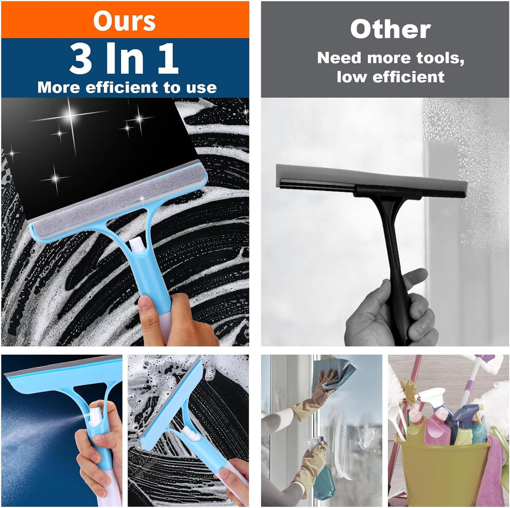 Juome 2PCS 3 in 1 Window Cleaning Scraper - Window Cleaner Squeegee with Sprayer, Squeegee for Window Cleaning Kit, Window Cleaning Tool with Cleaning Brush for Shower Glass, Mirrors, Home Window, Car