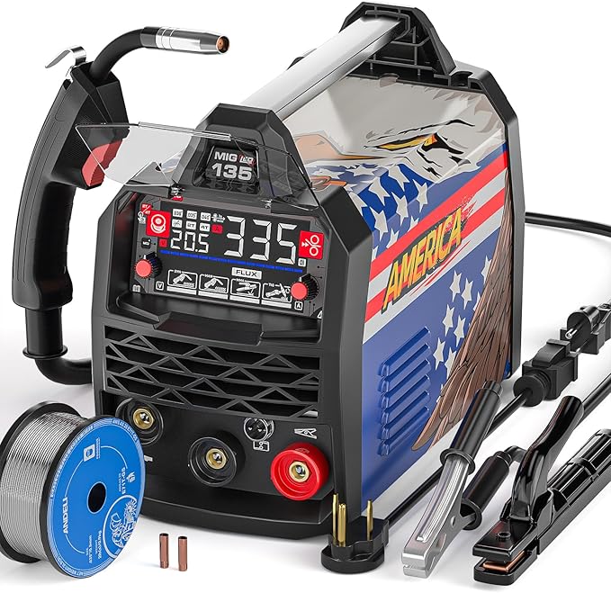 ANDELI 135Amp MIG Welder 110V/220V Dual Voltage, Portable Gasless Welder Flux MIG/Lift Tig/Stick 3-in-1 Multiprocess Welder LED Digital Display Welding Machine IGBT Inverter Welder MIG-135 Plus AE