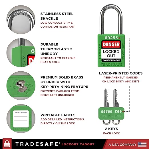 TRADESAFE Lockout Tagout Locks Set - 7 Green Loto Locks, Lockout Locks Keyed Different, 2 Keys Per Lock, OSHA Compliant Lock Out Tag Out Padlocks, Safety Padlocks for Electrical Lockout Tag Out Kits