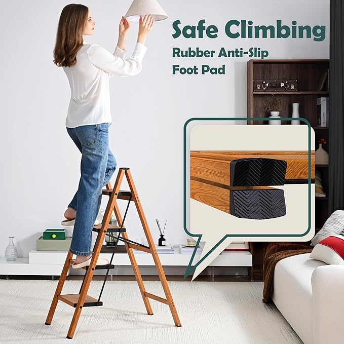 Taranta 4 Step Ladder,Aluminum Lightweight Folding 4 Step Stool with Anti-Slip Wide Pedal, 330lbs Capacity Step Ladder for Household,Kitchen,Office - Woodgrain