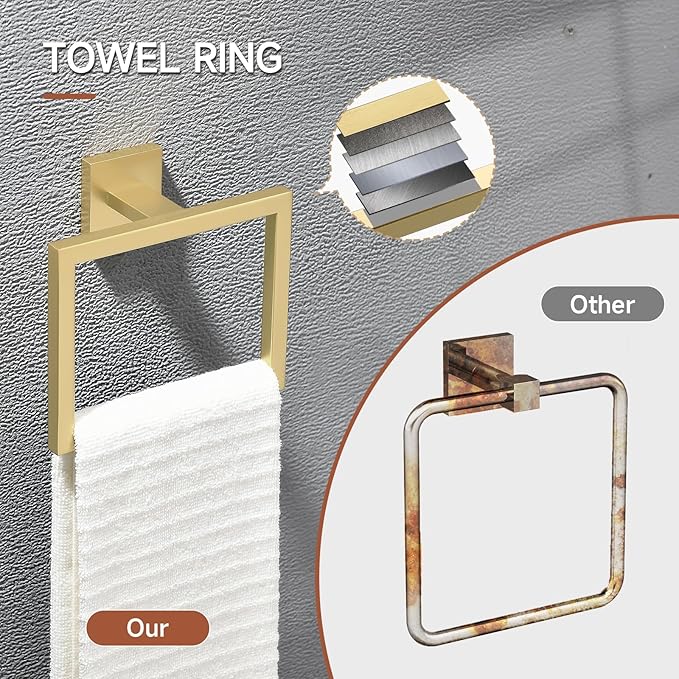 TQKAG Brushed Gold Bathroom Hardware Accessories Set 10 Pieces, 23.6" SUS304 Stainless Steel Towel Bar Set Wall Mounted Includes Single Towel Bar, Towel Ring, Toilet Paper Holder, Double Towel Hooks
