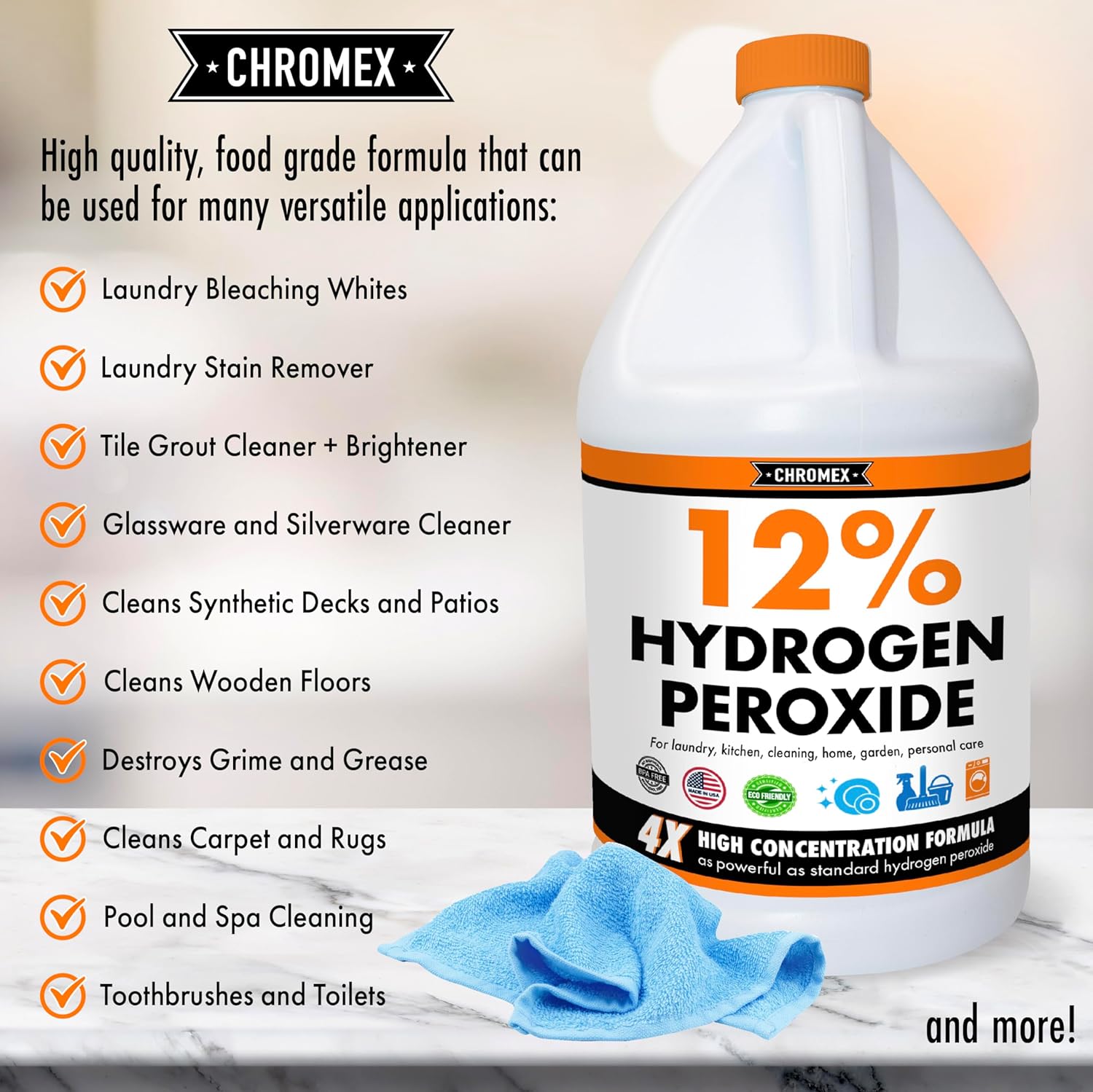 Chromex Hydrogen Peroxide 12 Percent Food Grade, 4x Power Concentrated Solution, 4 Gallons Dilute to 16 Gallons, Versatile Uses include Topical Care, Home, Kitchen, Bath Cleaner, Laundry, Whitening