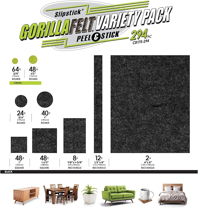 Slipstick Gorilla Felt Furniture Pads (294 Piece Variety Pack) Premium Furniture Pads & Chair Leg Floor Protectors for Hardwood Floors & Hard Surfaces