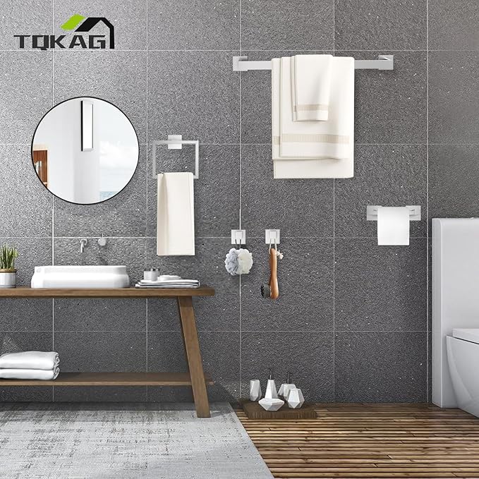 TQKAG Brushed Nickel Bathroom Hardware Accessories Set 5 Pieces, Double Post Pivoting Toilet Paper Holder Set Stainless Steel Square Bathroom Towel Bar Holder Set Wall Mounted