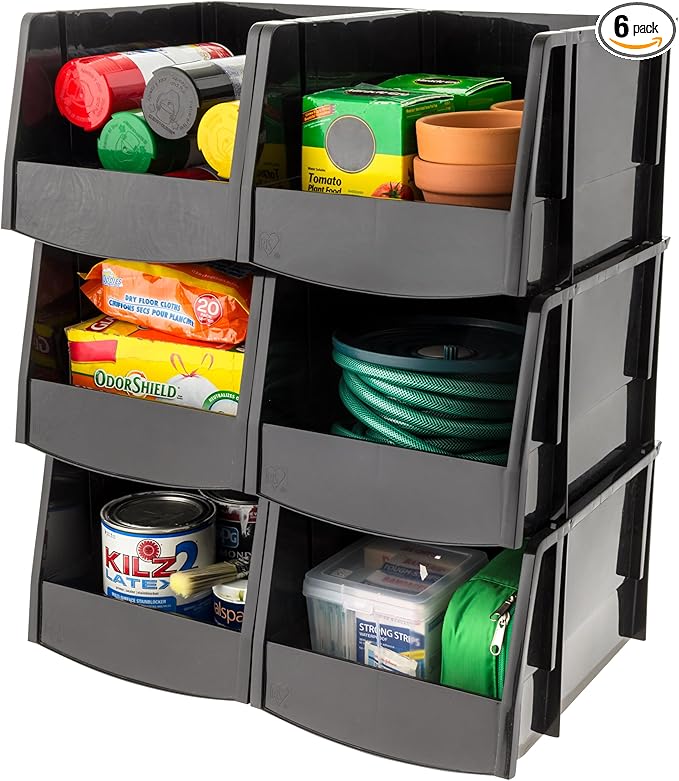 IRIS USA Extra Large Stackable Storage Bins, 6-Pack, 13"L x 10"W x 8"H, |Made in USA|, Plastic Open Front Shelf Bin for Organizing Parts, Hardware, Tools, Supplies, Garage Shelf, Pantry - Black