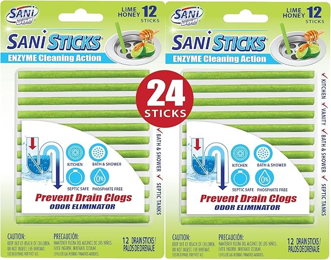 SANI 360° Sani Sticks Drain Cleaner and Deodorizer, 24 Count, Lime Honey Enzyme Pipe Cleaners, Eliminate Odors, Prevent Clogged Drains, Safe for Sinks, Bathtub Drains, Septic Tanks