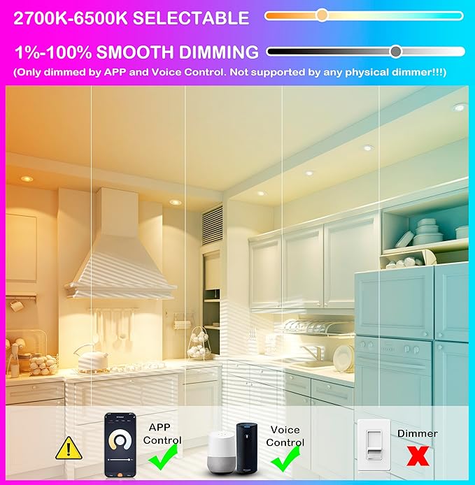 CLOUDY BAY 4 inch Eyeball Smart LED Recessed Light,Color Changing Recessed Lighting,Compatible with Alexa and Google Home Assistant,4 Pack