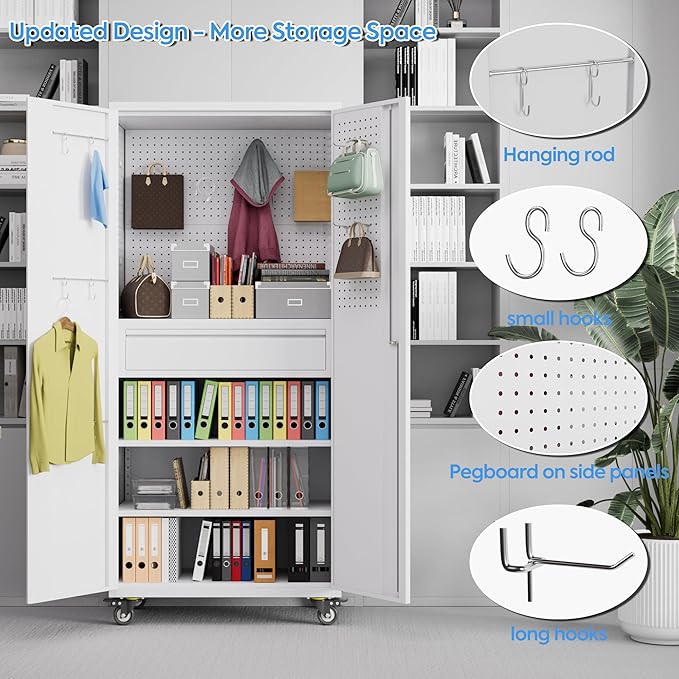 71" H Garage Storage Cabinet with Wheels, Drawer, Pegboard and 16 Hooks, Metal Tool Storage Cabinet with Locking Doors and 2 Adjustable Shelves for Garage, Warehouse, Home, White