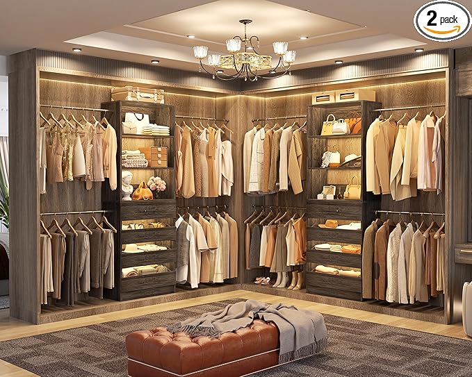 Aheaplus Closet System Set of 2, 4-9Ft Wood Closet Organizer with 8 Drawers & Shelves, Closet Organizer System with 8 Hanging Rods, Walk-in Closets Organizer Wardrobe Closet Rack, Black Oak1