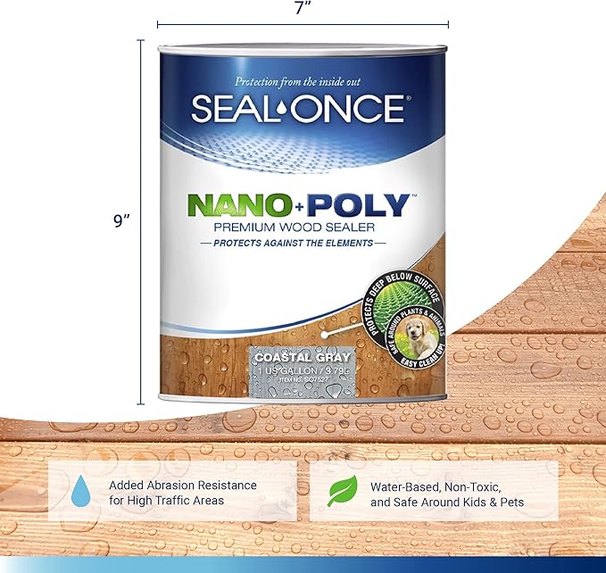 Seal-Once Nano+Poly Penetrating Wood Sealer with Polyurethane - Premium Waterproof Sealant -1 Gallon & Coastal Gray