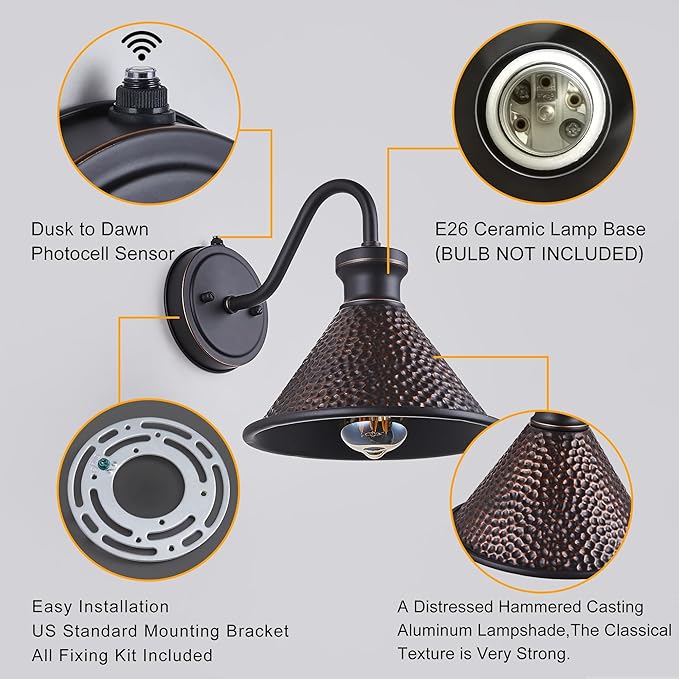 2 Pack Dusk to Dawn Outdoor Wall Light Fixtures Photocell Sensor, Exterior Sconce Light with Cast Hammered Aluminum Shade, Outside Wall Mount Lamp for House Patio Garage Entryway Doorway