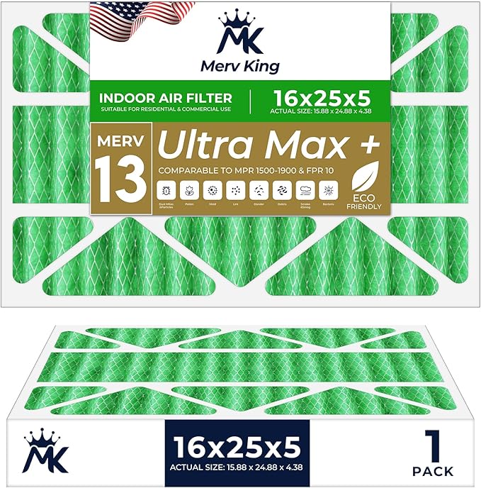 MervKing 16x25x5 Air Filter Actual Size: 15.88" x 24.88" x 4.38" MERV 13 MPR 1500-1900 | MADE IN USA | 1-Pack | Pleated HVAC AC Furnace Replacement